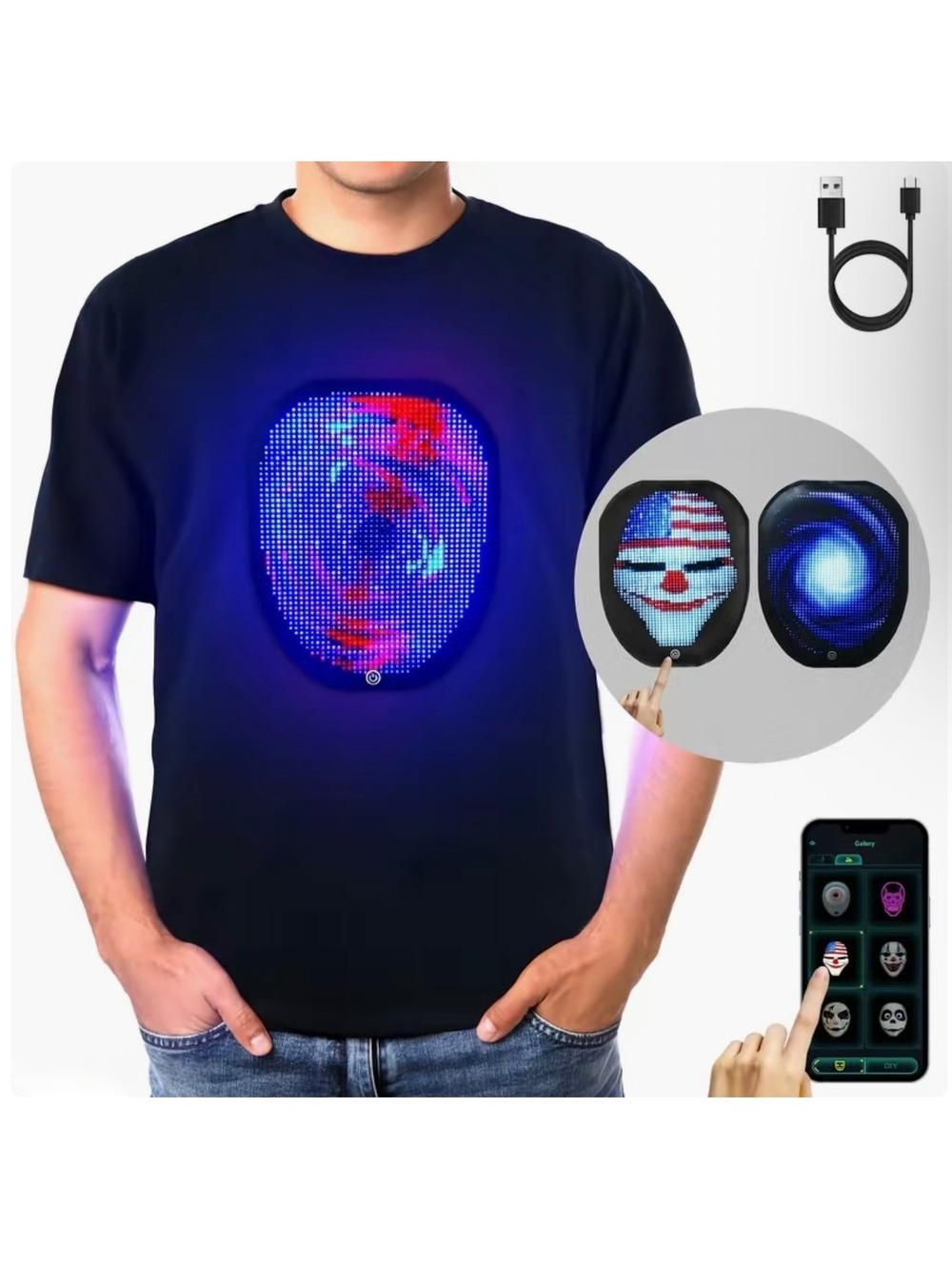 LED Bluetooth Programmable Costume Mask Gesture Sensing Light Up Halloween Sz M